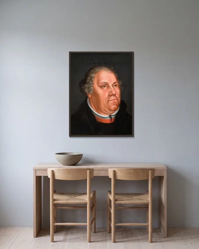 Portrait of Martin Luther (1483-1546) – nr 1 av Lucas Cranach the Younger inramad på en vägg