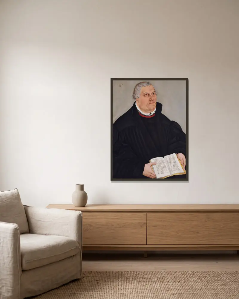 Portrait of Martin Luther, 1559 av Lucas Cranach the Younger inramad på en vägg