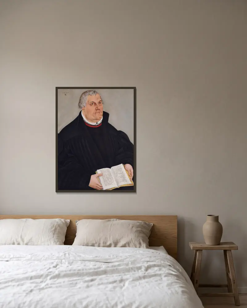 Portrait of Martin Luther, 1559 av Lucas Cranach the Younger inramad på en vägg