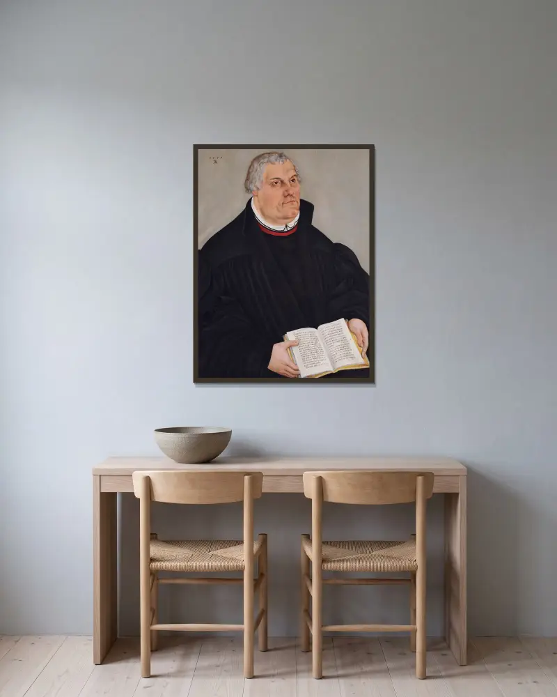 Portrait of Martin Luther, 1559 av Lucas Cranach the Younger inramad på en vägg