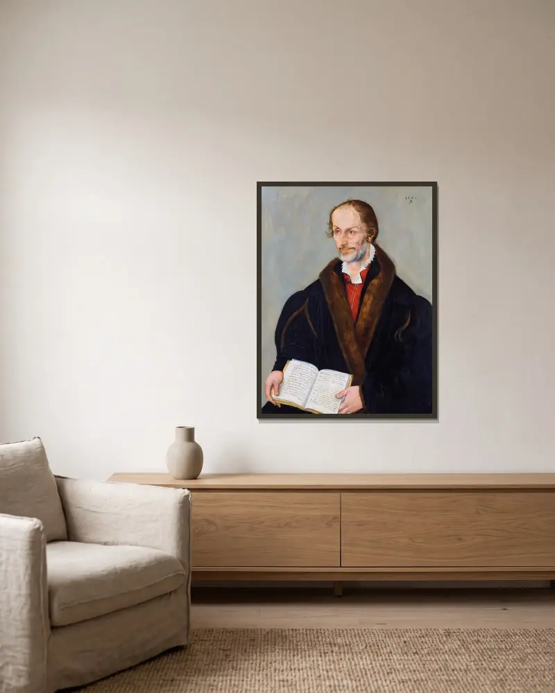 Portrait of Philipp Melanchthon av Lucas Cranach the Younger inramad på en vägg