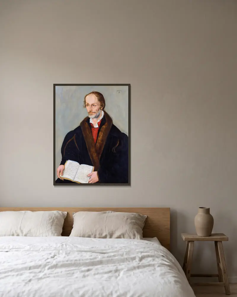 Portrait of Philipp Melanchthon av Lucas Cranach the Younger inramad på en vägg