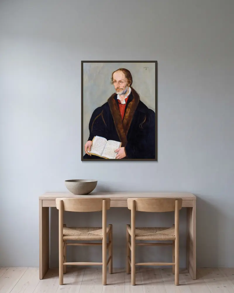 Portrait of Philipp Melanchthon av Lucas Cranach the Younger inramad på en vägg
