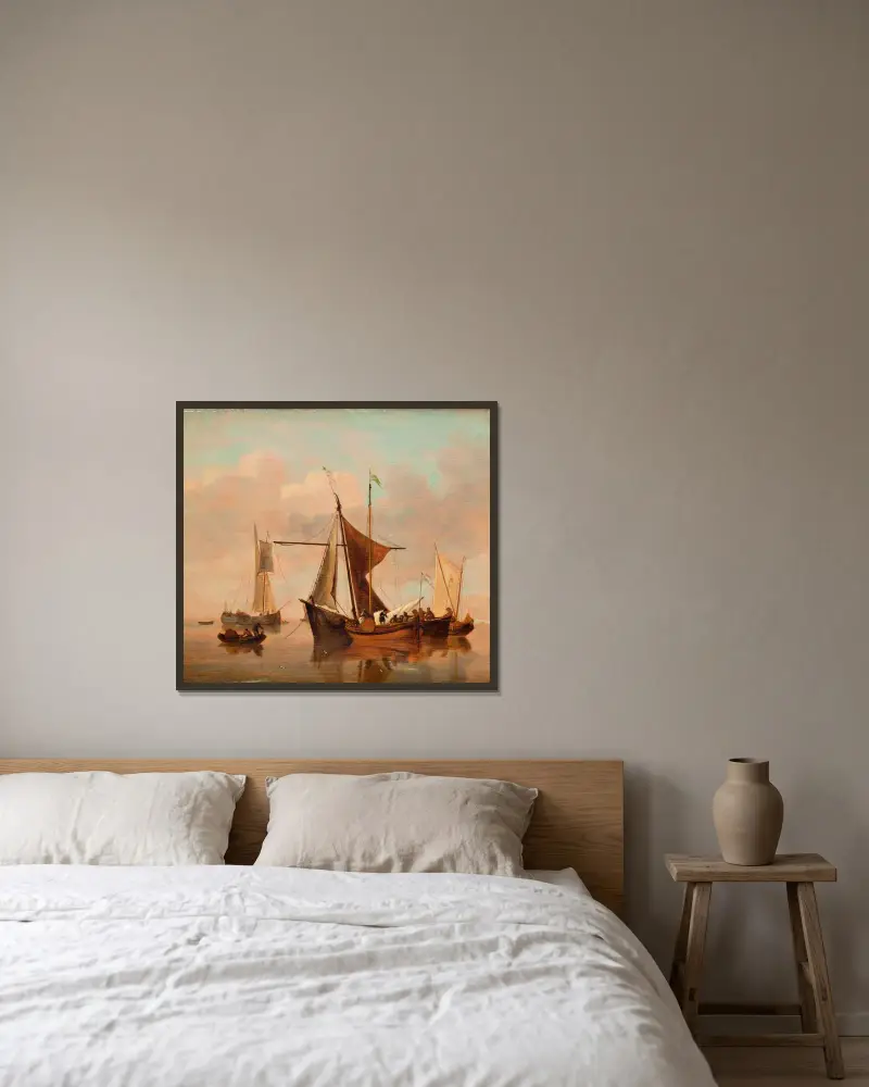 Stilla sjö av Willem van de Velde the Younger inramad på en vägg