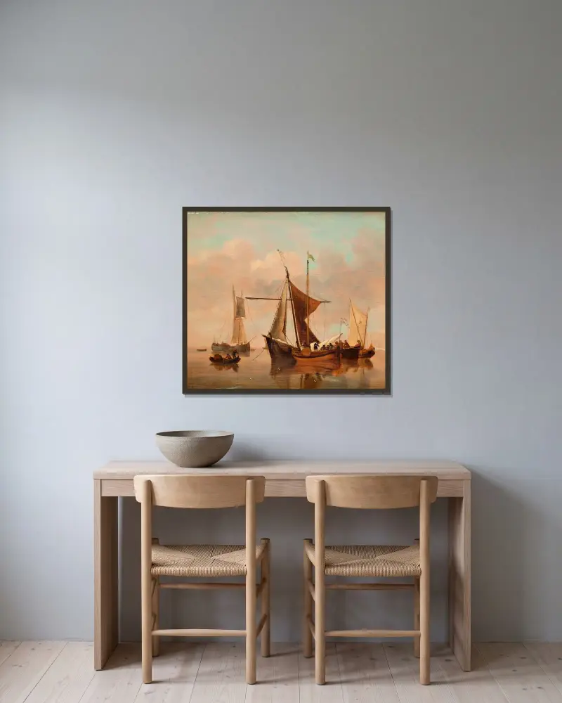 Stilla sjö av Willem van de Velde the Younger inramad på en vägg