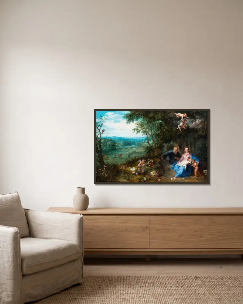 Rast på flykten till Egypten av Jan Brueghel the Younger inramad på en vägg