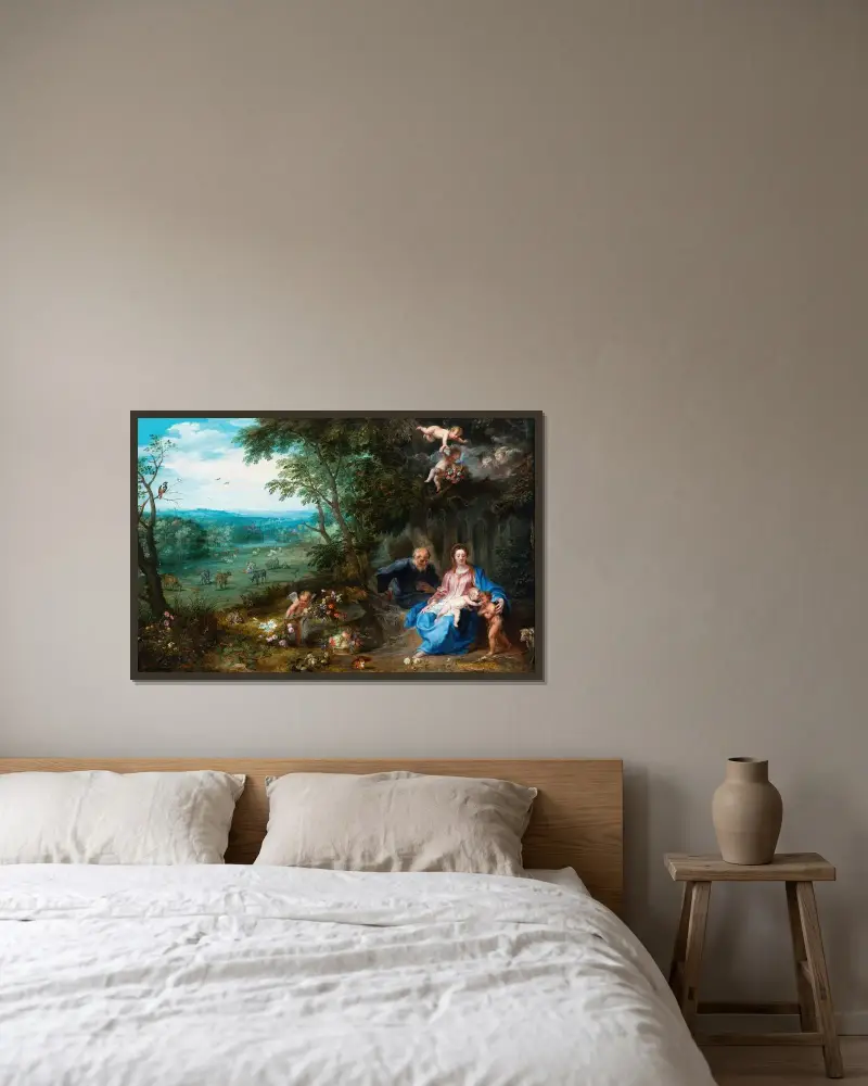 Rast på flykten till Egypten av Jan Brueghel the Younger inramad på en vägg