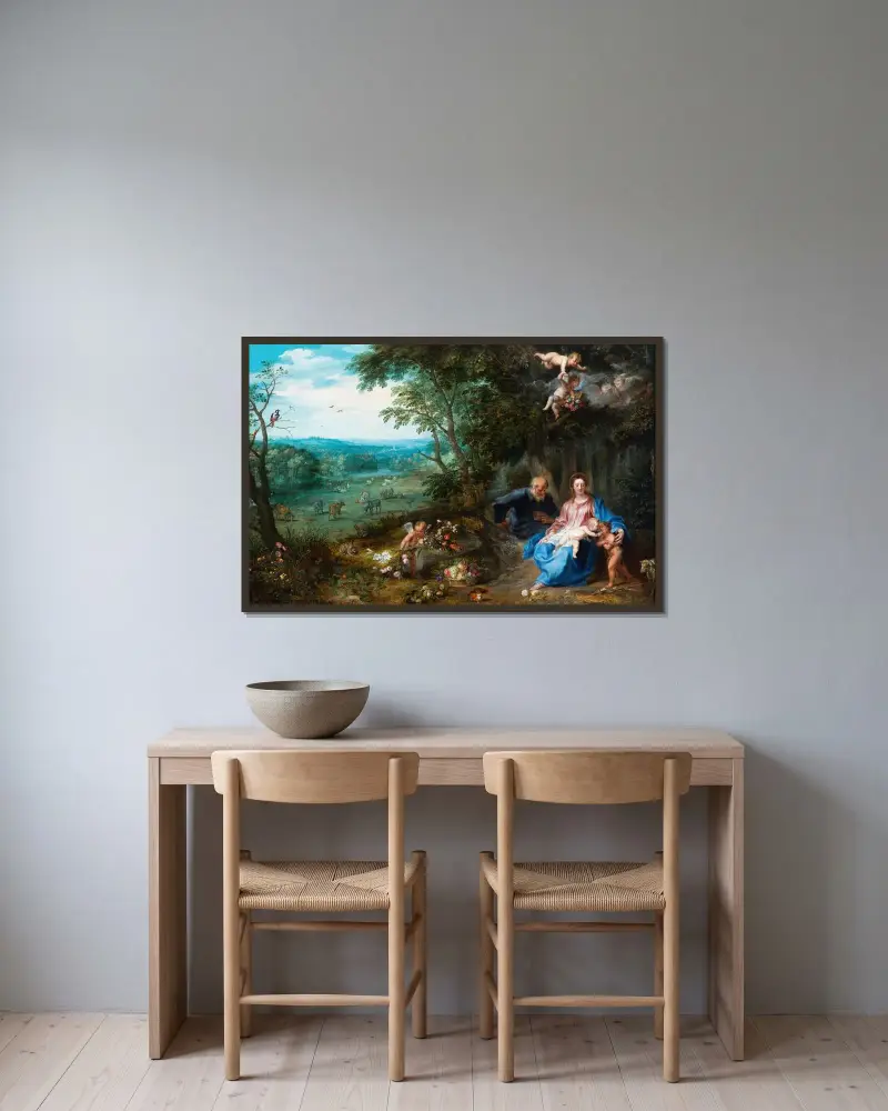 Rast på flykten till Egypten av Jan Brueghel the Younger inramad på en vägg