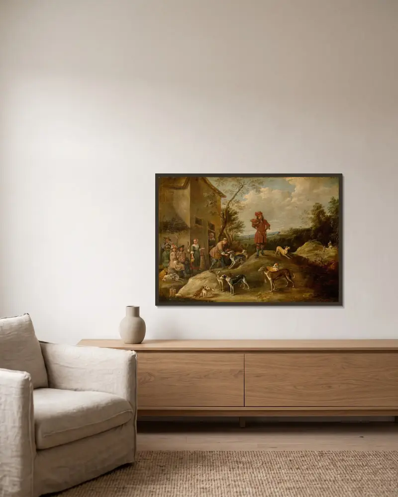 Vilande jägare av David Teniers The Younger inramad på en vägg