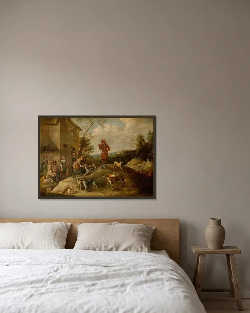 Vilande jägare av David Teniers The Younger inramad på en vägg