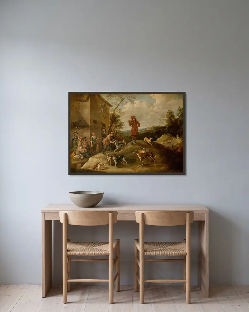 Vilande jägare av David Teniers The Younger inramad på en vägg