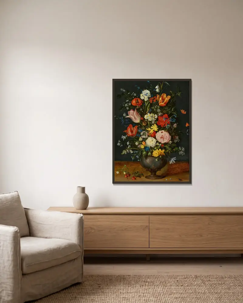 Rosor, papegojtuplipaner, narcisser, en lilja, en riddarsporre, gurkört, mossrosor, förgätmigej, viola och andra blommor i en tennvas av Jan Brueghel the Younger inramad på en vägg