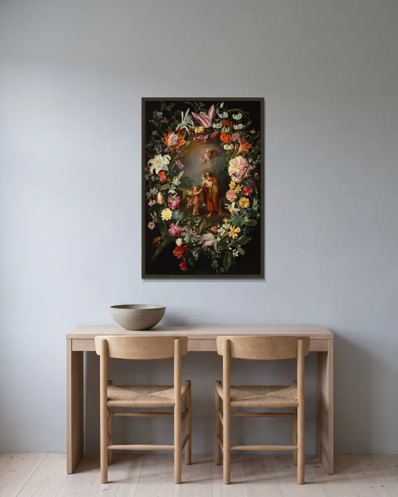 Johannes der Täufer trägt das Christuskind mit Gottvater und Engeln in einer Blumengirlande von Frans Francken the Younger gerahmt an einer Wand