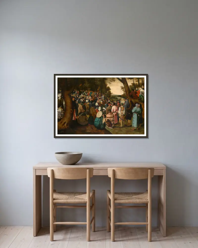 Johannes der Täufer predigt von Pieter Brueghel The Younger gerahmt an einer Wand