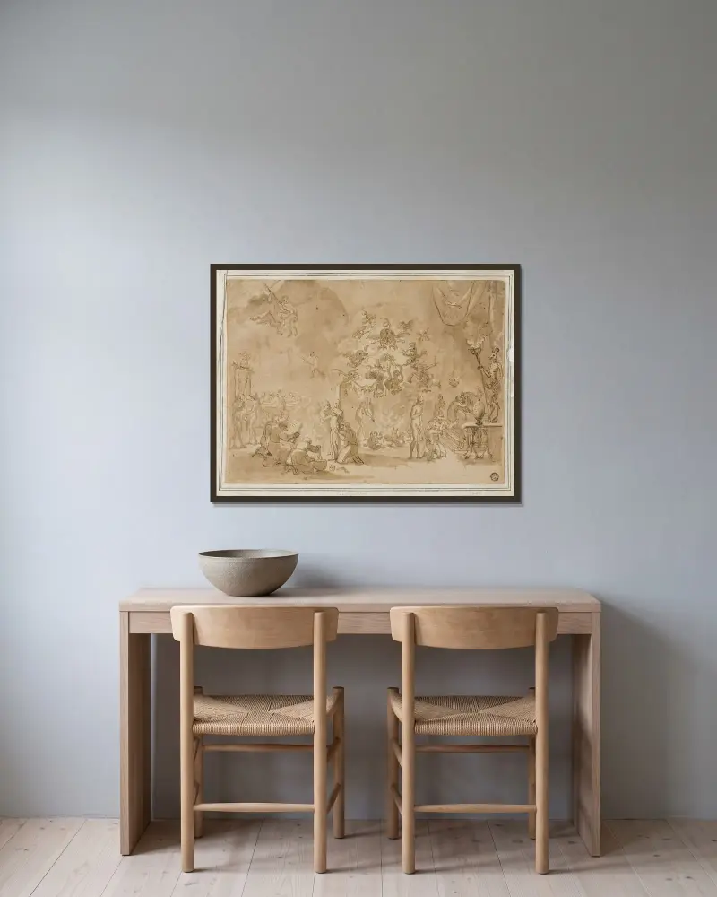 Scen med häxkonst och djävulsdyrkan av David Teniers The Younger inramad på en vägg