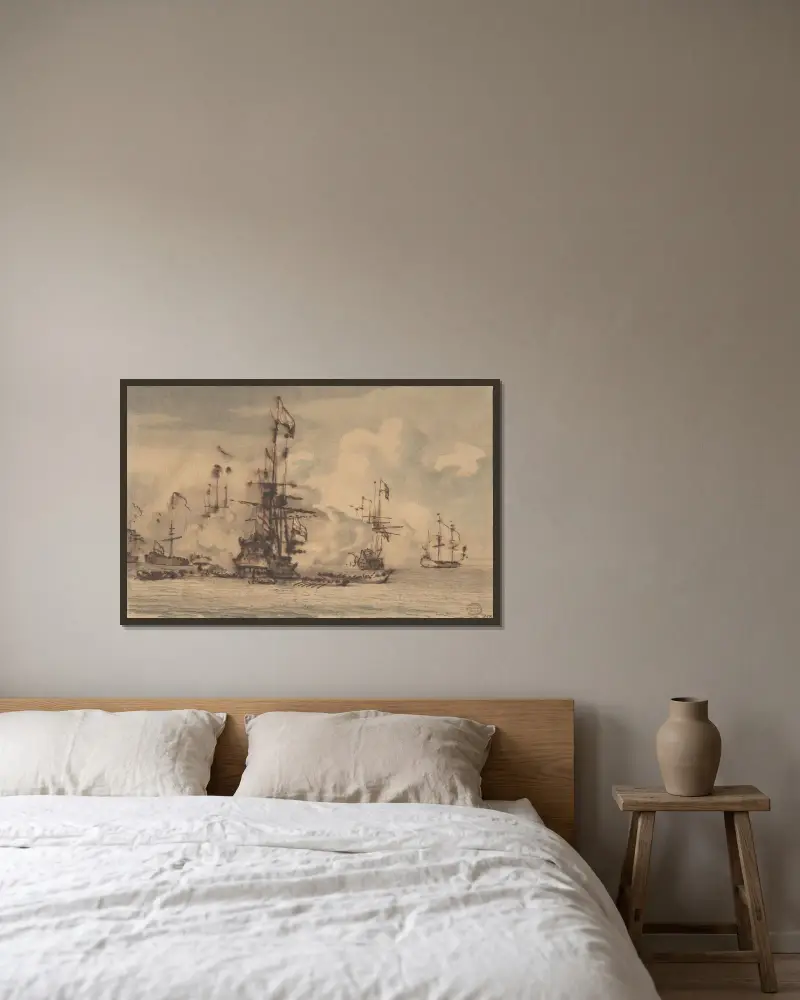 Sjöslag av Willem van de Velde the Younger inramad på en vägg