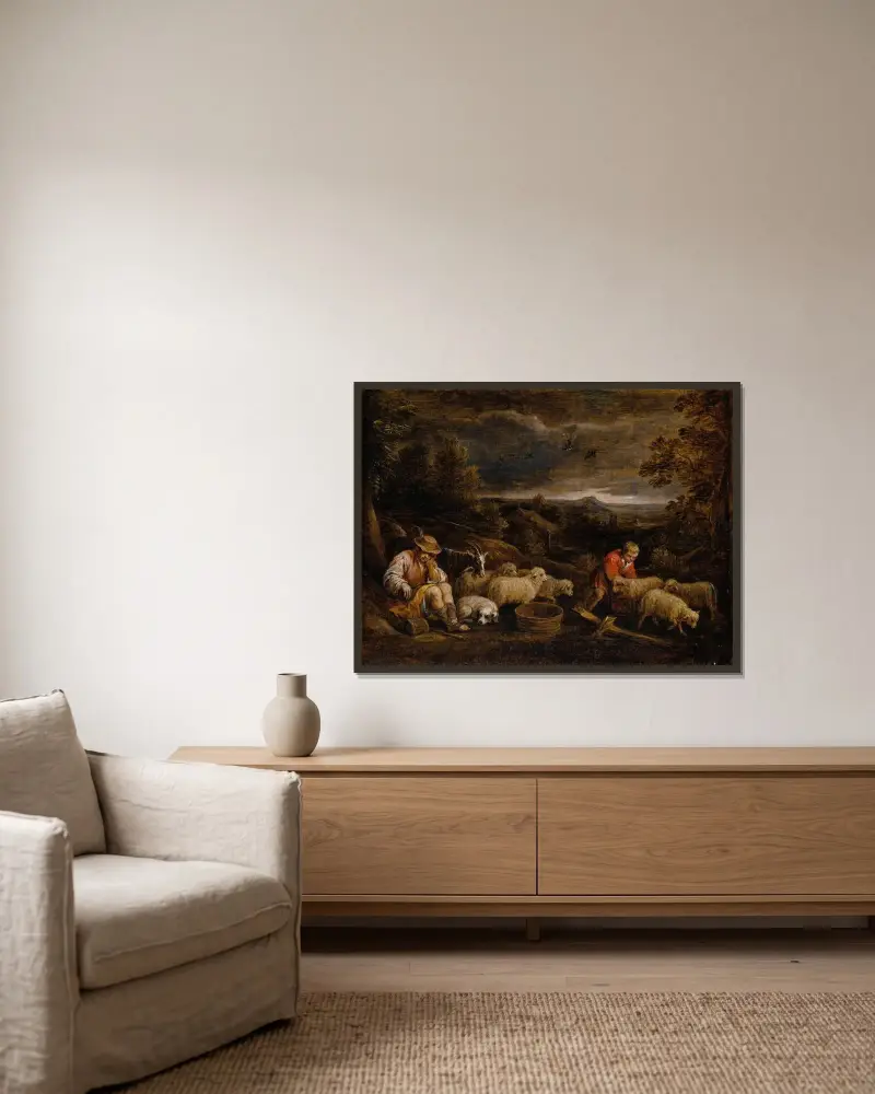 Hirten und Schafe von David Teniers The Younger gerahmt an einer Wand