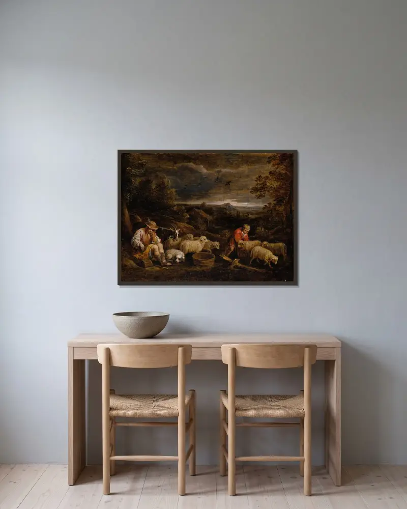 Hirten und Schafe von David Teniers The Younger gerahmt an einer Wand