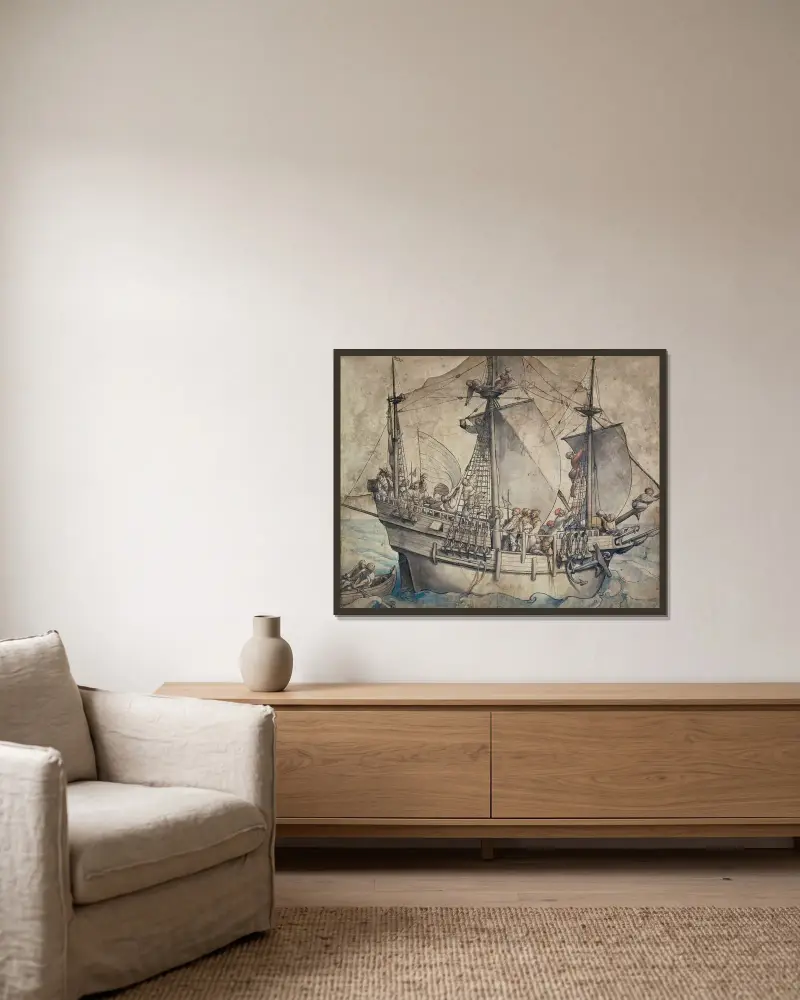 Ship with Revelling Sailors, Lansquenets and a Sutleress av Hans Holbein The Younger inramad på en vägg