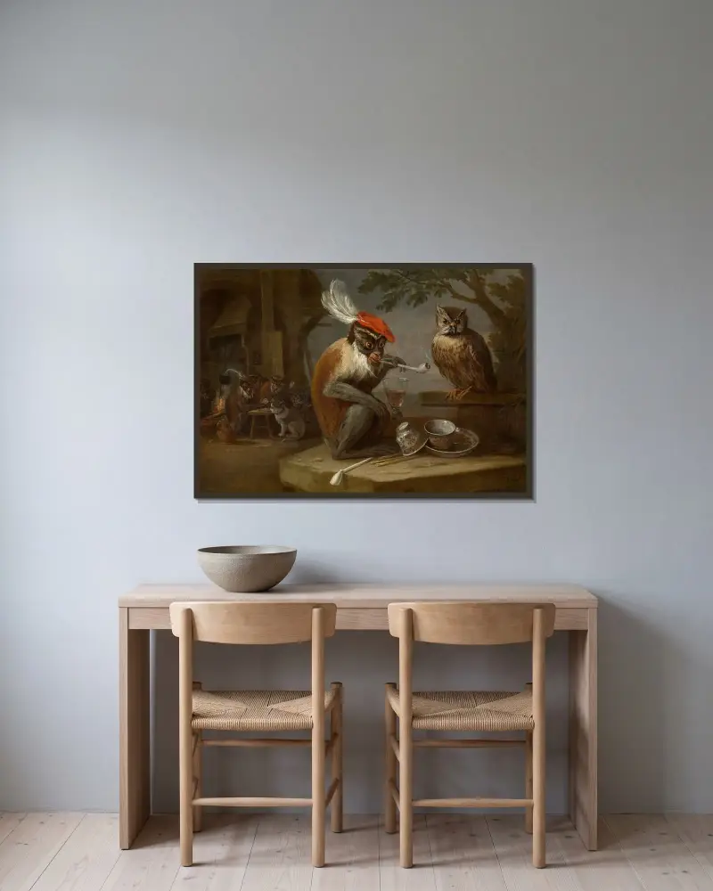 Singerie av David Teniers The Younger inramad på en vägg