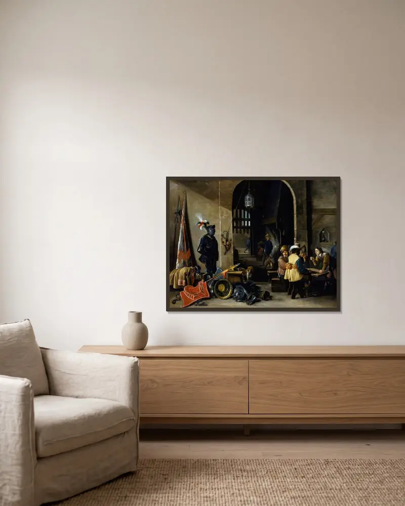 Soldater som spelar tärning av David Teniers The Younger inramad på en vägg