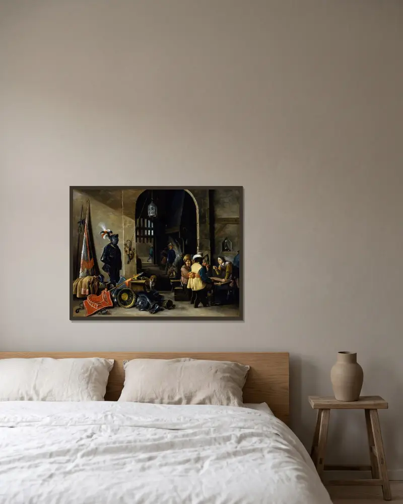 Soldater som spelar tärning av David Teniers The Younger inramad på en vägg
