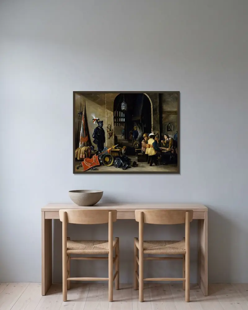 Soldater som spelar tärning av David Teniers The Younger inramad på en vägg