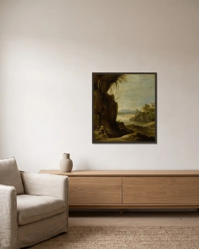 Sydligt landskap med eremiten Antonius av David Teniers The Younger inramad på en vägg