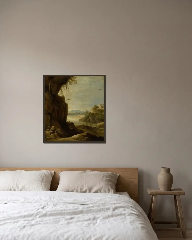 Sydligt landskap med eremiten Antonius av David Teniers The Younger inramad på en vägg