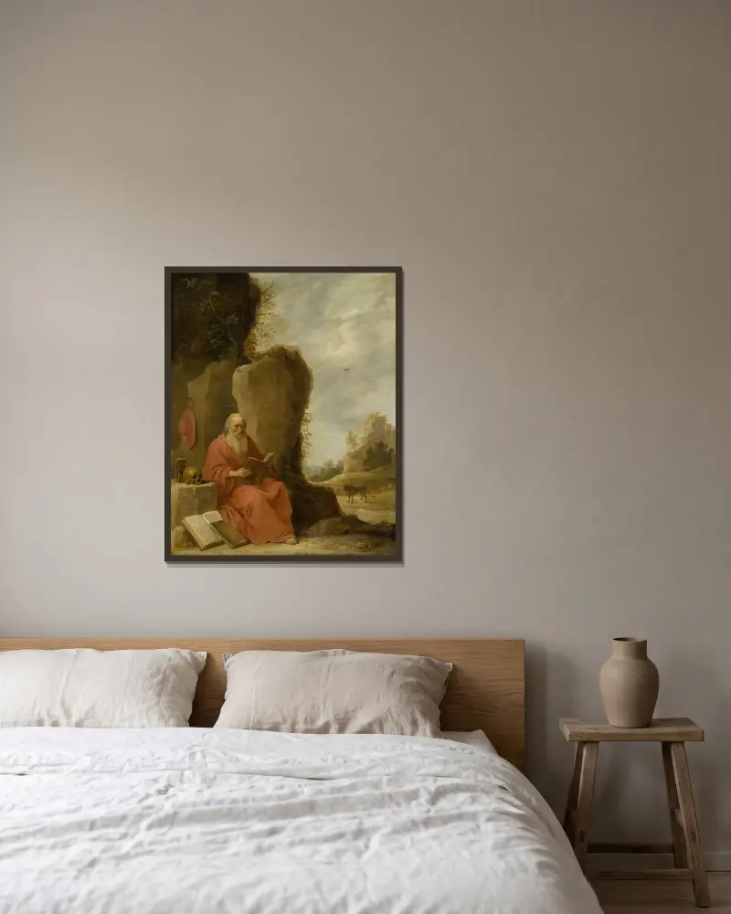 Hieronymus i öknen av David Teniers The Younger inramad på en vägg