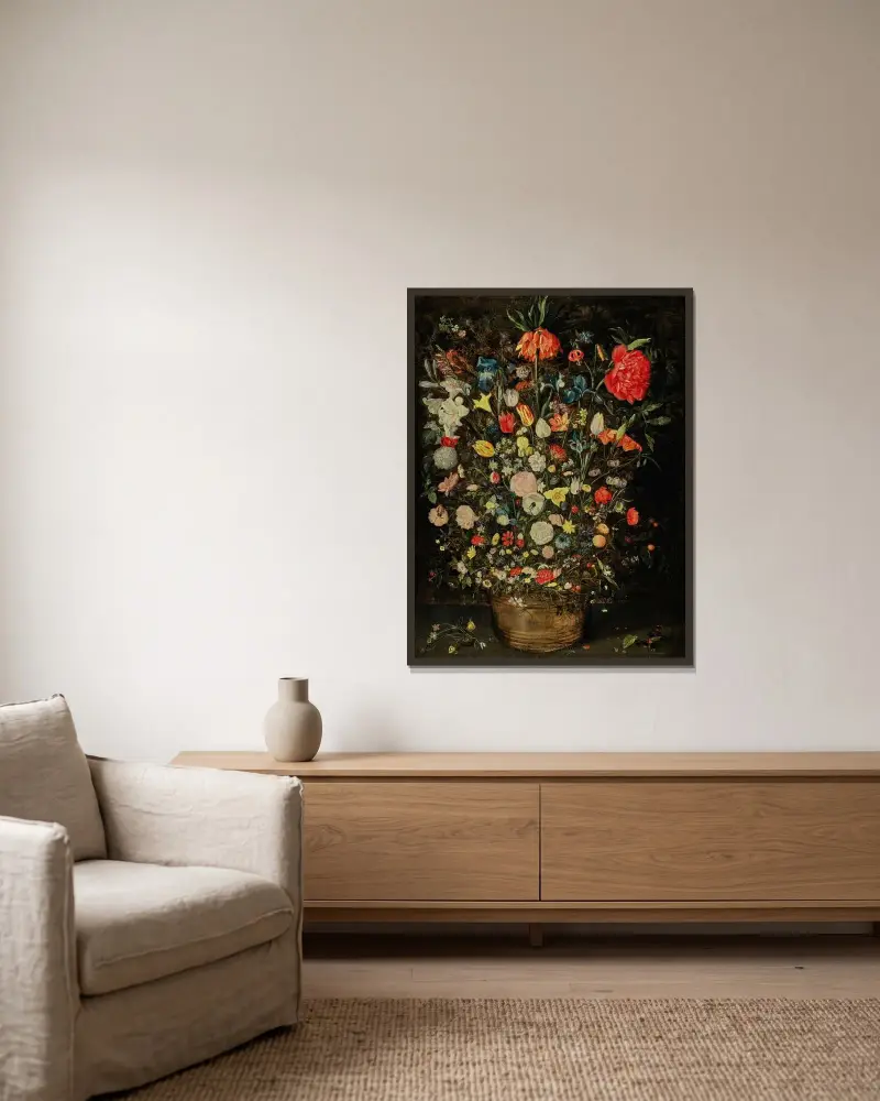 Stillleben mit einem großen Blumenstrauß in einem Holzeimer von Jan Brueghel the Younger gerahmt an einer Wand