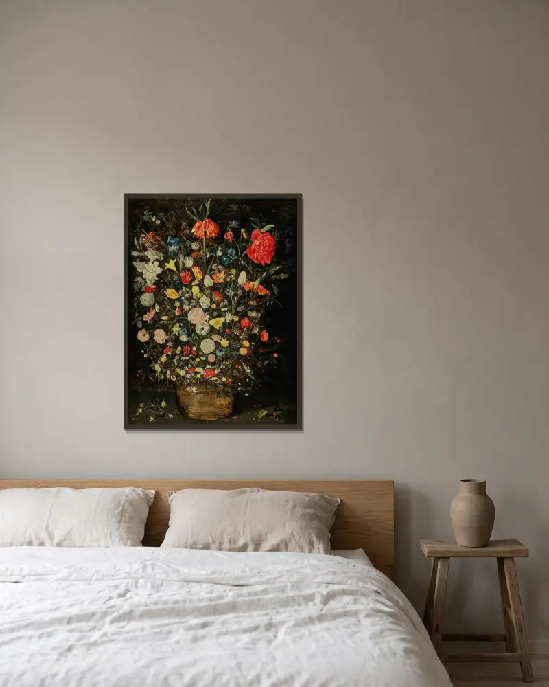 Stillleben mit einem großen Blumenstrauß in einem Holzeimer von Jan Brueghel the Younger gerahmt an einer Wand