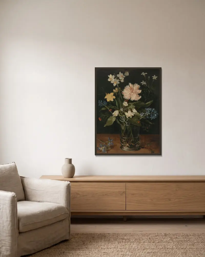 Stilleben med blommor i ett glas av Jan Brueghel the Younger inramad på en vägg
