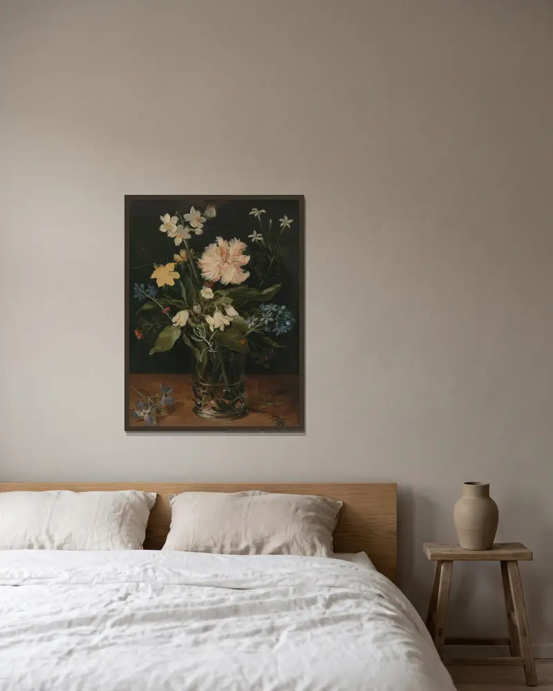 Stilleben med blommor i ett glas av Jan Brueghel the Younger inramad på en vägg
