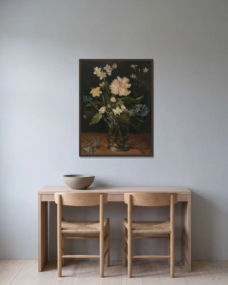 Stilleben med blommor i ett glas av Jan Brueghel the Younger inramad på en vägg