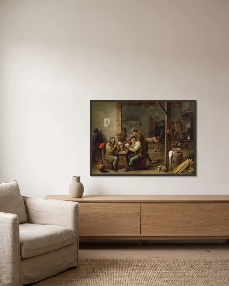Wirtshausszenario von David Teniers The Younger gerahmt an einer Wand
