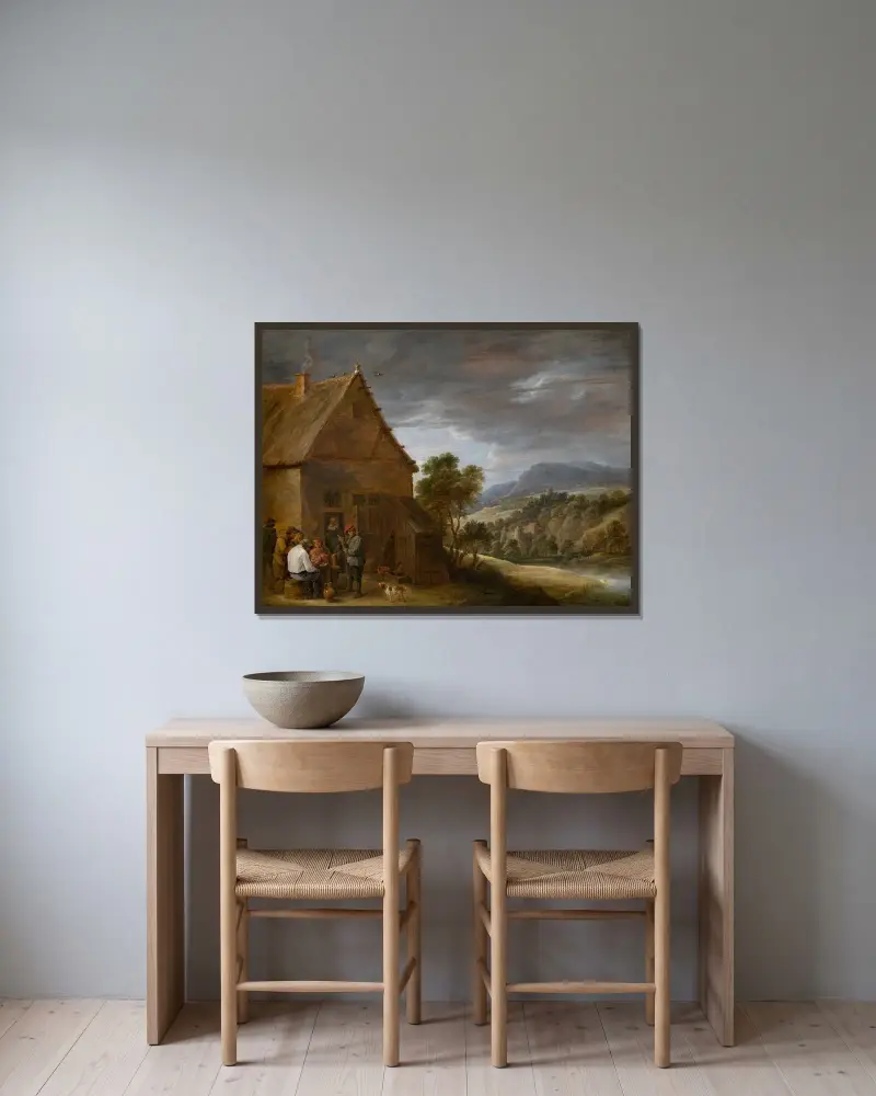 Wirtshausszene von David Teniers The Younger gerahmt an einer Wand
