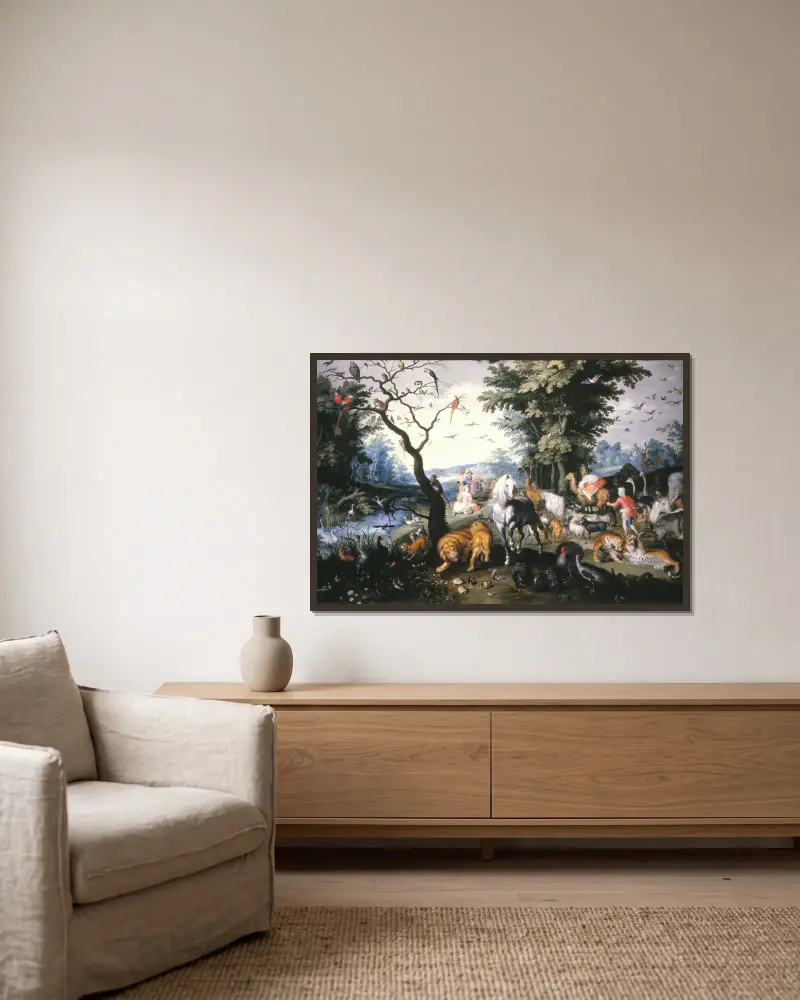 The animals entering Noah`s Ark av Jan Brueghel the Younger inramad på en vägg