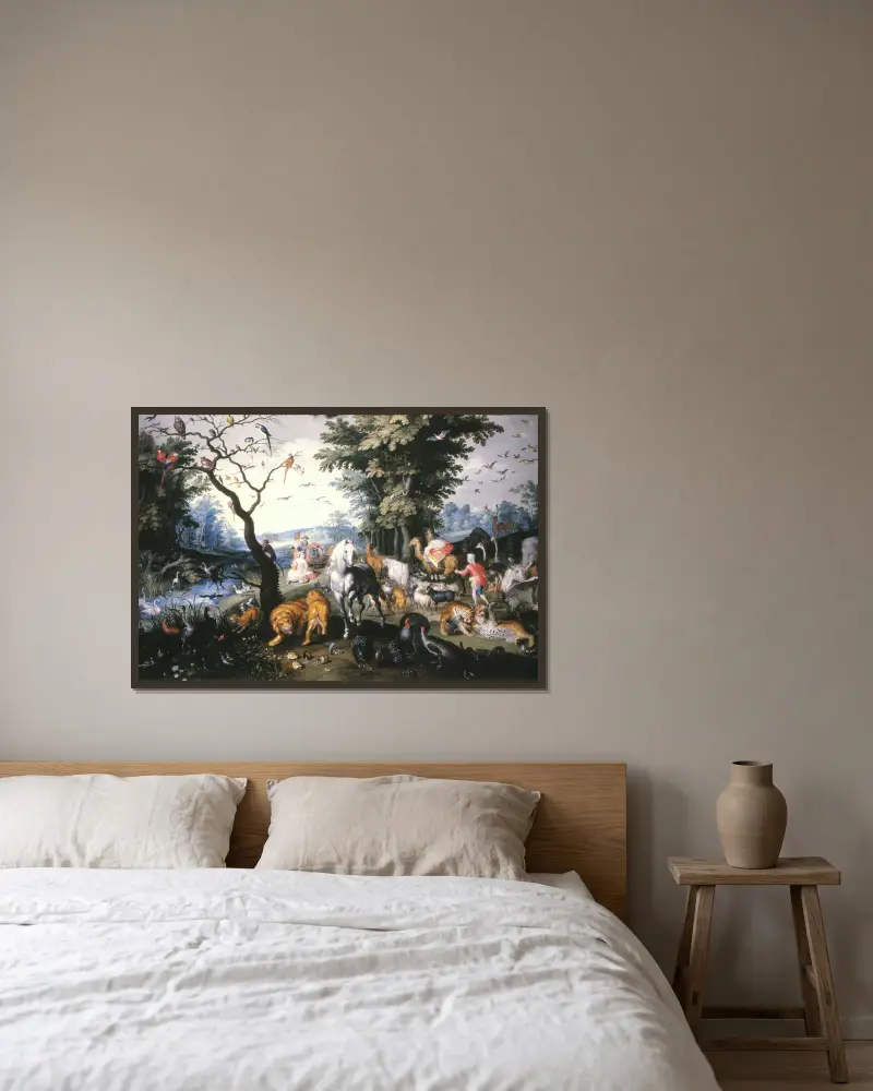 The animals entering Noah`s Ark av Jan Brueghel the Younger inramad på en vägg