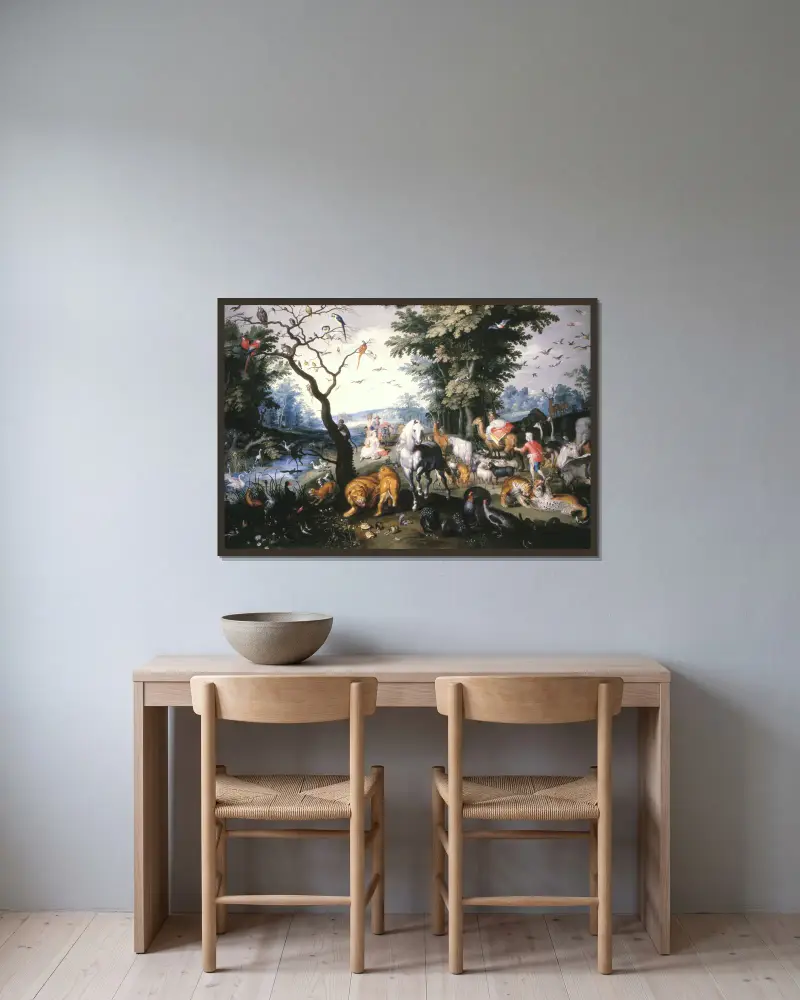 The animals entering Noah`s Ark av Jan Brueghel the Younger inramad på en vägg