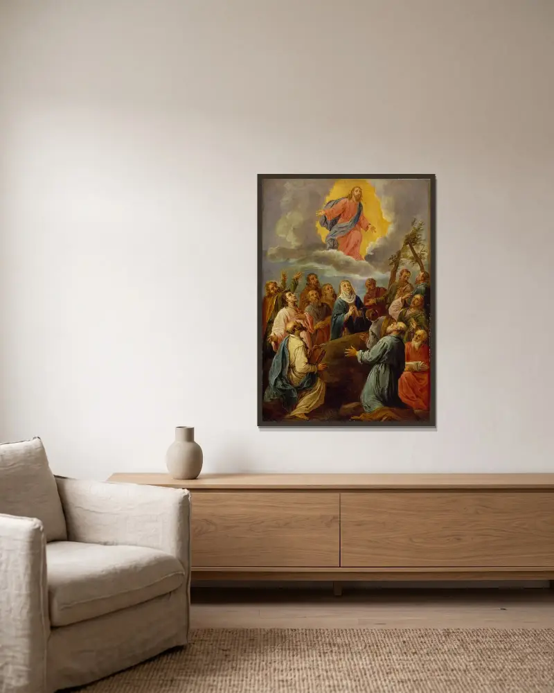 Kristi himmelsfärd (efter Leandro Bassano) av David Teniers The Younger inramad på en vägg