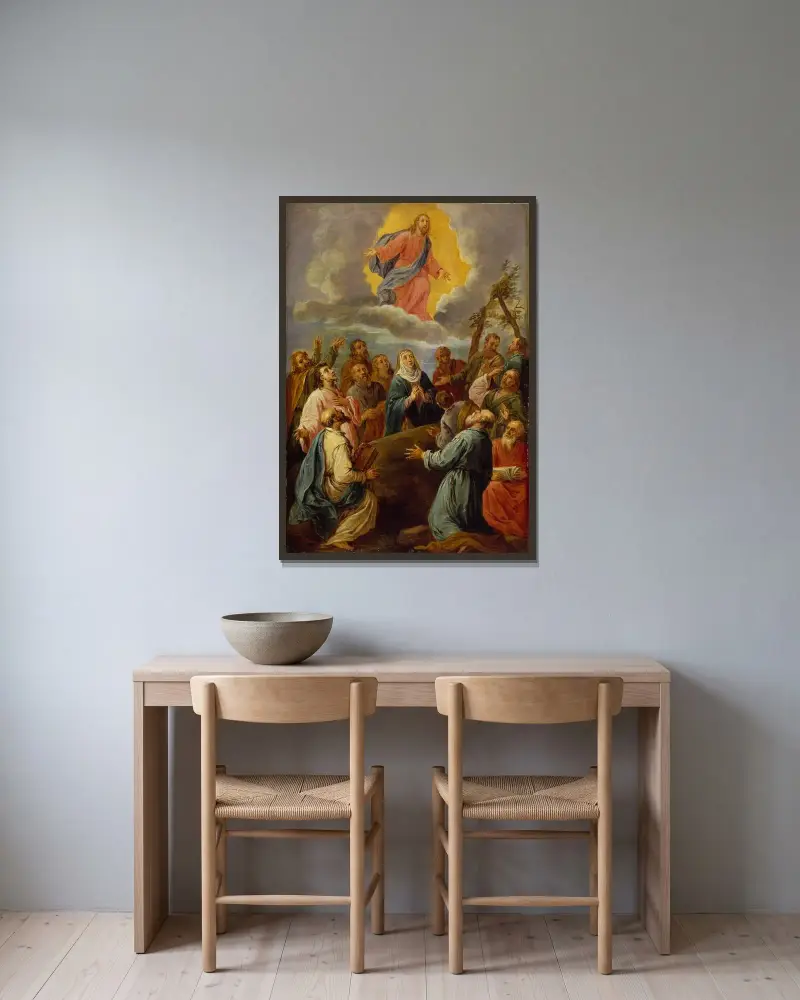 Kristi himmelsfärd (efter Leandro Bassano) av David Teniers The Younger inramad på en vägg