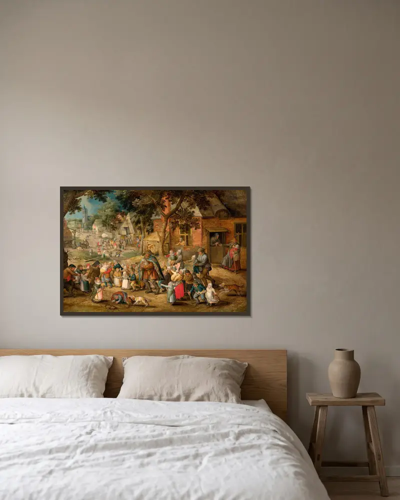 Der Dudelsackpfeifer, von Kindern umgeben von Pieter Brueghel The Younger gerahmt an einer Wand