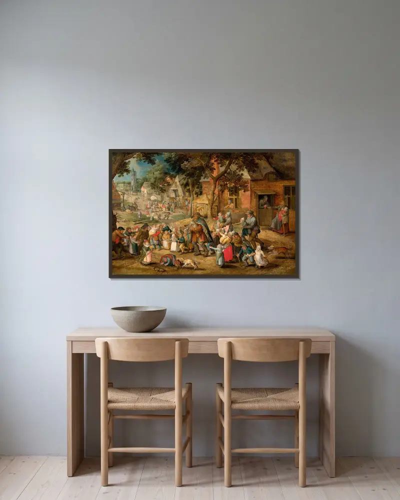 Der Dudelsackpfeifer, von Kindern umgeben von Pieter Brueghel The Younger gerahmt an einer Wand