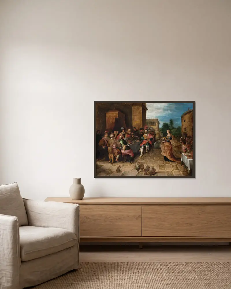 The Banquet of Herod. Salome Presents the Head of John the Baptist av Frans Francken the Younger inramad på en vägg