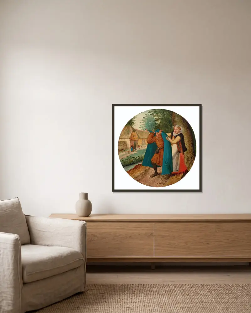 Der blaue Mantel von Pieter Brueghel The Younger gerahmt an einer Wand