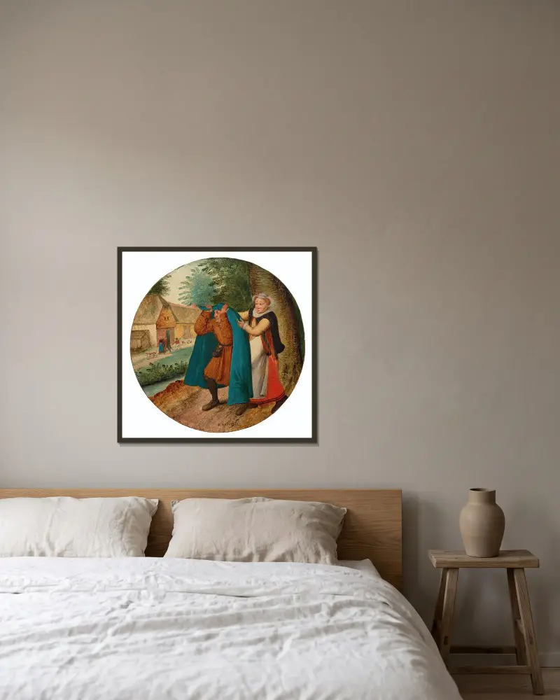 Der blaue Mantel von Pieter Brueghel The Younger gerahmt an einer Wand