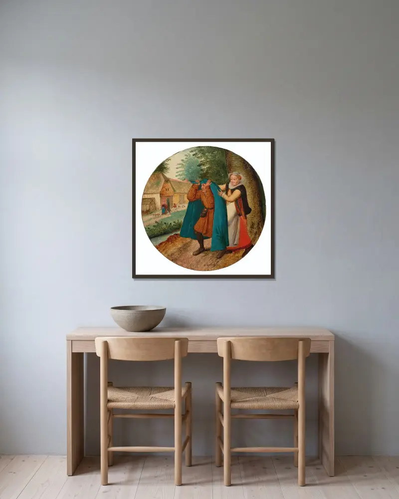 Der blaue Mantel von Pieter Brueghel The Younger gerahmt an einer Wand