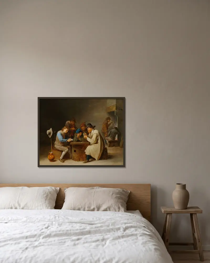 Kortspelarna av David Teniers The Younger inramad på en vägg