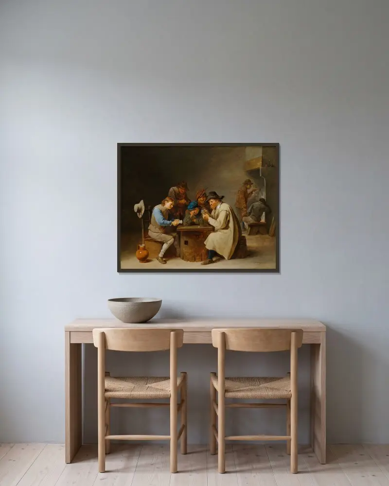 Kortspelarna av David Teniers The Younger inramad på en vägg